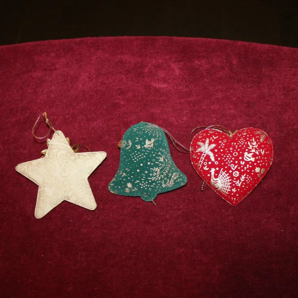 Vintage Velvet Christmas Oranments - Set of 3 , Heart, Bell, Star